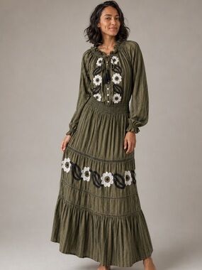 Miss June Khaki Embroidered floral maxi dress - OS​